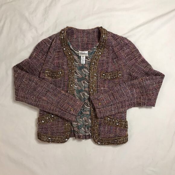 Tracy Reese Tweed Beaded Jacket Size 2 | Purple Metallic Cropped Blazer - Picture 1 of 6